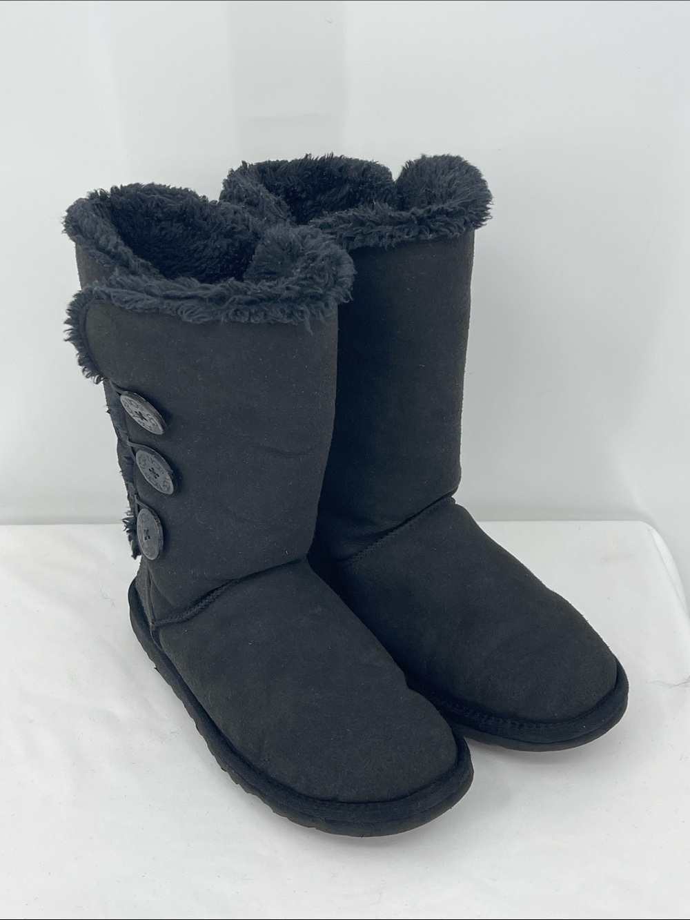 UGG Black Faux-Fur Button Mid-Calf Winter Boots WOMENS SIZE 10 BAILEY BUTTON